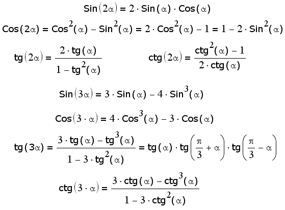 Тригонометрические формулы для функций кратных аргументов
